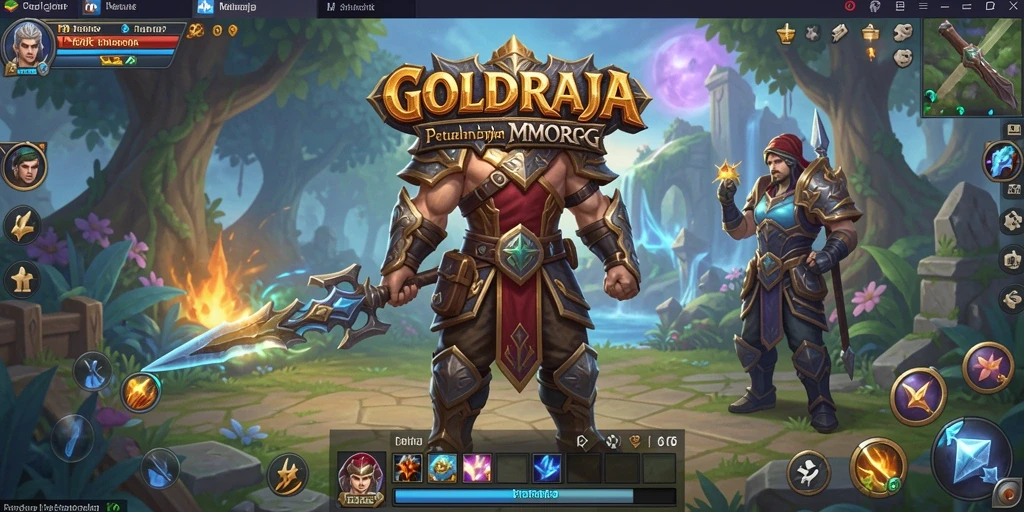 Tangkapan layar utama GOLDRAJA menampilkan aksi pertempuran epik dalam MMORPG.