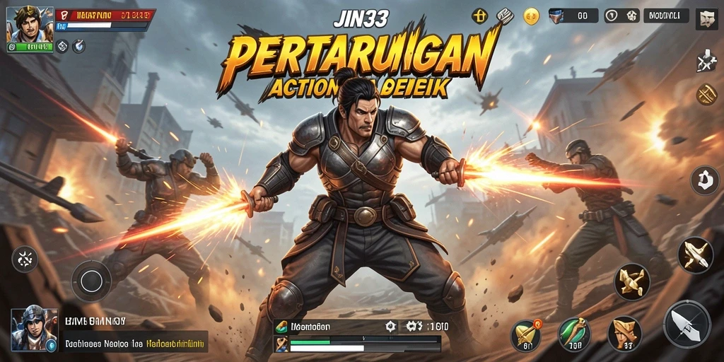 Screenshot utama menunjukkan pertempuran seru dalam game Action.