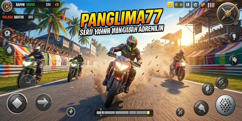 Screenshot utama dari gameplay balapan motor yang mendebarkan.