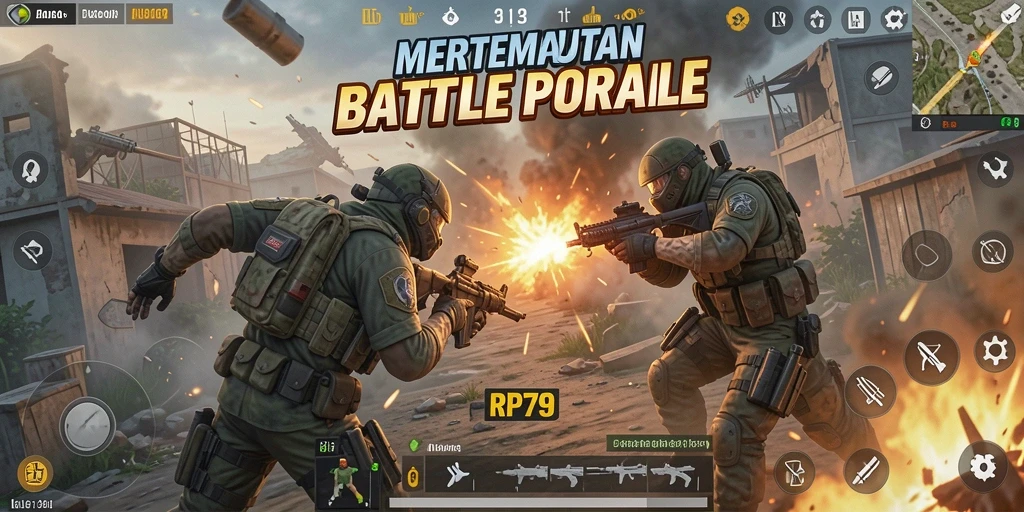 Screenshot utama RP79 menampilkan aksi seru dalam pertempuran Battle Royale.
