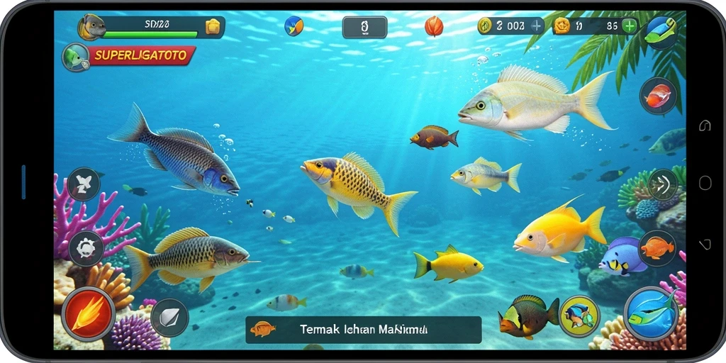Gameplay SUPERLIGATOTO dengan tembakan ikan yang cerah dan beragam.