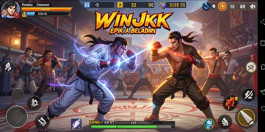 Screenshot gameplay WINJKT menampilkan aksi pertarungan yang intens.